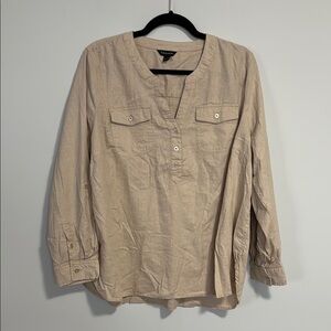 Tahari Linen Blend Long Sleeve 1/4 Button V-Neck Top Tan 1X